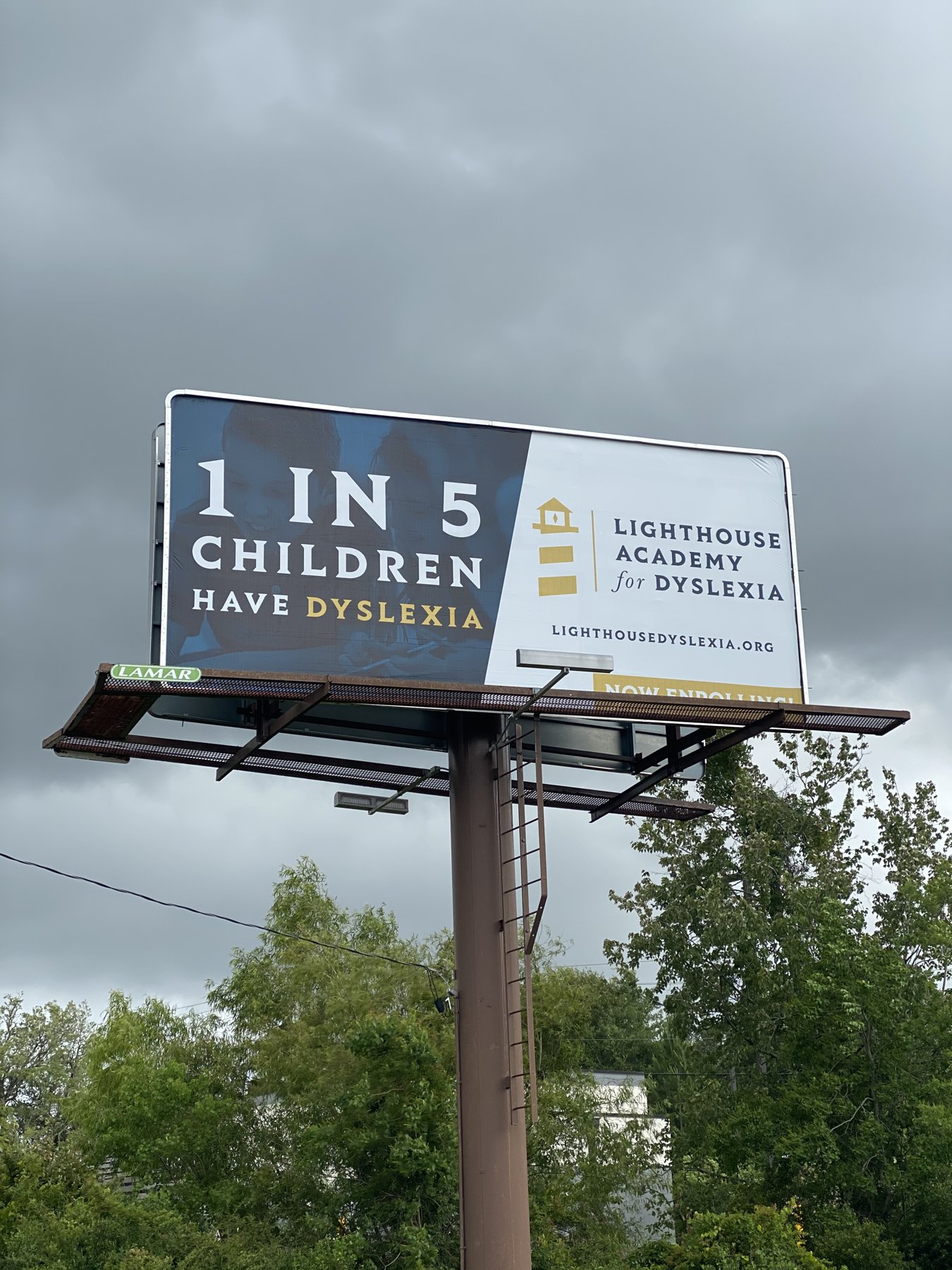 Lighthouse Academy for Dyslexia's first billboard, put up in May 2020, reading "1 in 5 children have dyslexia" beside the Lighthouse logo and a Now Enrolling banner